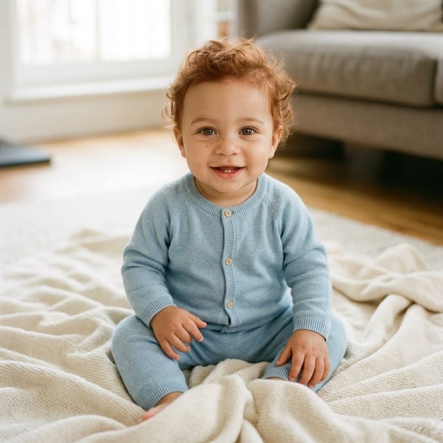 AI baby boy with red curly hair in a light-blue romper