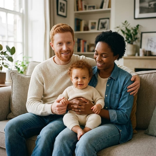 AI family portrait: both parents on a sofa holding their baby
