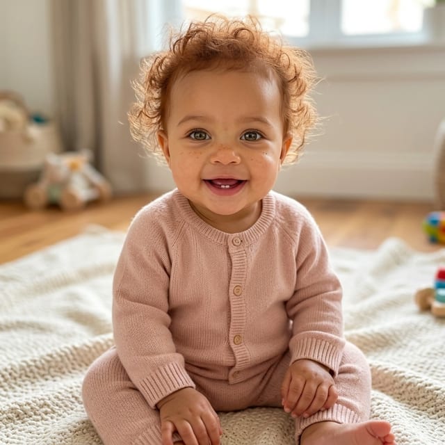 AI baby girl with curly auburn hair in a pink romper